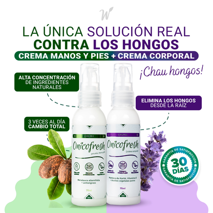 Kit ANTIHONGOS MANOS, PIES, CUERPO y ZONAS SENSIBLES: 2 Cremas 75 ml c/u